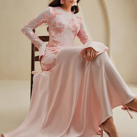 Pink Elegant Women's Floral Pattern Round Neck Fitted A-Line Mai Dress - Picture 4 of 8